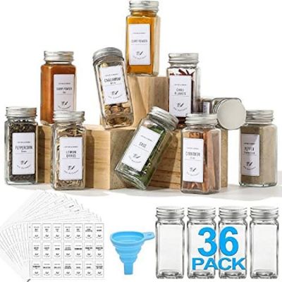 24 PCS Glass Spice Jars with Spice Labels, 4oz Empty Square Spice Bottles  Containers, Shaker Lids and Airtight Metal Caps, Silicone Collapsible  Funnel Included