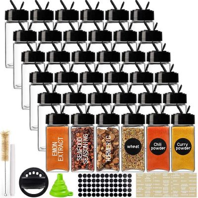 36pcs 4oz Glass Spice Jars Spice Containers Square Spcie Bottles with Black Caps, 1pcs Silicone Collapsible Funnel 203pcs Waterproof Labels 1pcs Test Tube Brush 1 Chalk Marker
