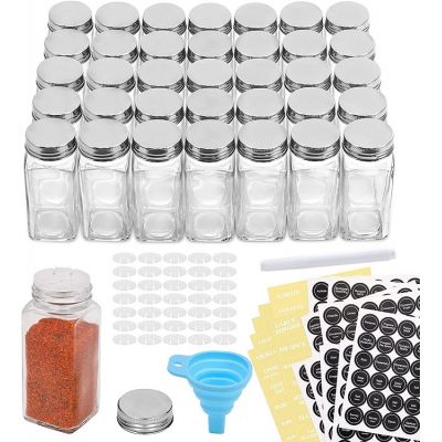 36 Pcs Glass Spice Jars with Spice Labels - 4oz Empty Square Spice Bottles - Shaker Lids and Airtight Metal Caps - Chalk Marker and Silicone Collapsible Funnel Included