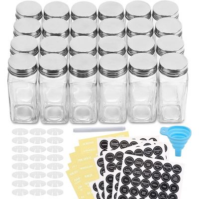24 Pcs Glass Spice Jars/Bottles - 4oz Empty Square Spice Containers with Spice Labels - Shaker Lids and Airtight Metal Caps - Silicone Collapsible Funnel Included