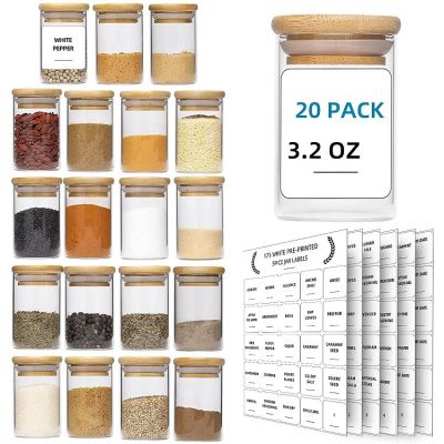 Glass Spice Jars with Bamboo Airtight Lids and Printed Spice Labels Sticker - 20 Pcs of 3.5 fl.oz Small Food Storage Containers for Pantry Spice, Herbs, Tea, Spice Rack Organization (20 Pcs -100 ml)