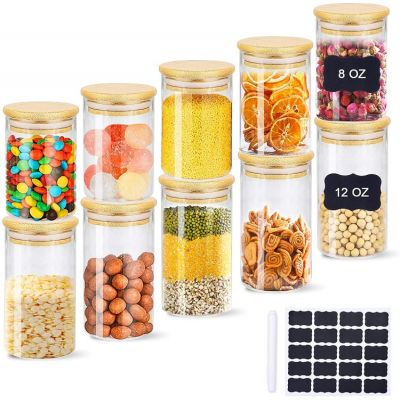 Spice Jars with Bamboo Lids, Glass Jars with Wood Lid ( 8&12oz, 10 Sets)