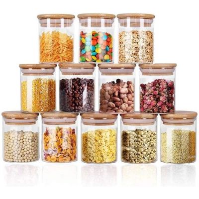Glass Jars Set 8.5oz, 12 Set Spice Jars with Bamboo Airtight Lids and Labels