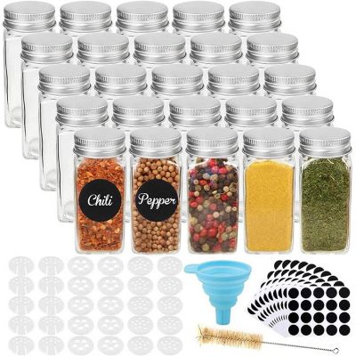 4oz Glass Spice Jars Spice Bottles, Square Empty Spice Containers with Shaker Lids Blank Waterproof Labels Silicone Collapsible Funnel Test Tube Brush
