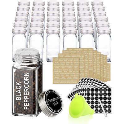 36 Glass Spice Jars with 703 Spice Labels, Chalk Marker and Funnel Complete Set. 36 Square Glass Jars 4oz, Airtight Cap, Pour/sift Shaker Lid