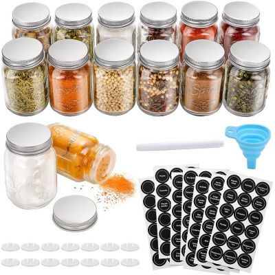 14 Pcs Glass Mason Spice Jars with Spice Labels - 4oz Empty Spice Bottles - Shaker Lids and Airtight Metal Caps - Chalk Marker and Collapsible Funnel Included- For Herbs & Spices, Jelly, DIY & Crafts