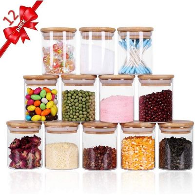 Glass Jars Set,Upgrade Spice Jars with Wood Airtight Lids and Labels, 6oz 12 Piece Small Food Storage Containers for Home Kitchen, Tea, Herbs, Sugar, Salt, Coffee, Flour, Herbs, Grains…