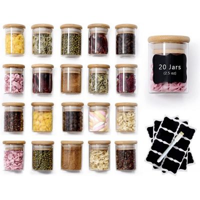 20 Pcs Glass Spice Jars with Airtight Bamboo Lids, Labels and Pen, 2.5oz Mini Clear Food Storage Containers for the Pantry, Kitchen Canisters for Tea, Herbs, Sugar, Salt, Coffee and More