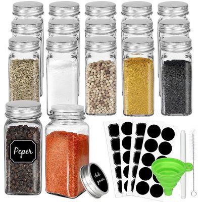 15 Pcs 4oz Glass Spice Jars Bottles, Square Spice Containers with Silver Metal Caps and Pour/Sift Shaker Lid