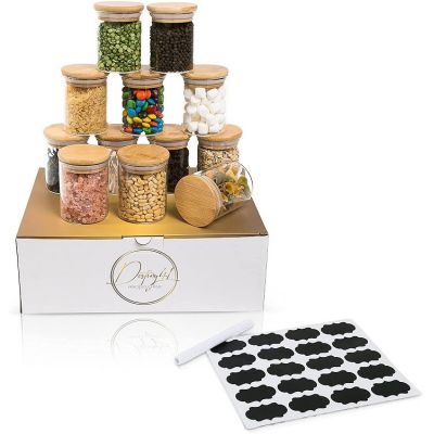 Glass Jars with Labels, 6 Ounce Capacity- Airtight Empty Spice Jars with Bamboo Lid