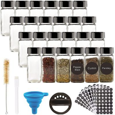Glass Spice Jars with Label and Convenient Flapper Caps - 4oz Empty Square Spice Containers Bottles