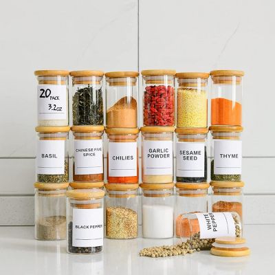 Glass Spice Jars Set of 20 - 3.2oz (95ml) Mini Spice Jar with Bamboo Airtight Lids