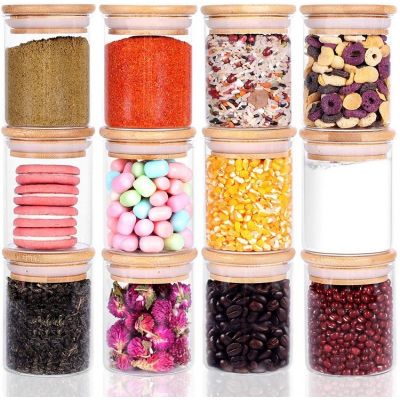 Glass Storage Jars Set with Bamboo Lid, 6oz Glass Spice Canisters, Mini Glass Mason Jars with Airtight Lid for Kitchen Corner