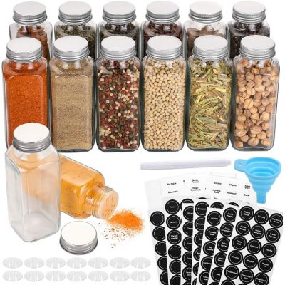 Glass Spice Jars with Spice Labels - 8oz Empty Square Spice Bottles - Shaker Lids and Airtight Metal Caps