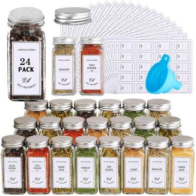 Glass Spice Jars with Spice Labels, 4oz Empty Square Spice Containers with Shaker Lids