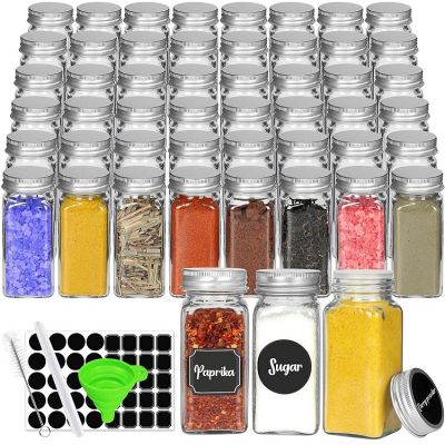 Glass Spice Jars with Spice Labels ,4oz Empty Square Spice Bottles with Shaker Lids and Airtight Metal Caps