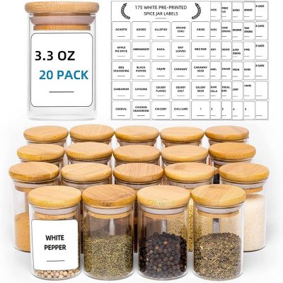 Glass Spice Jars with White Printed Spice Labels - 3.3 floz (100ml) Mini Spice Jar with Bamboo Airtight Lids