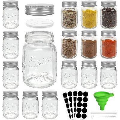 4oz Glass Mason Spice Jars, Round Spice Jar with Silver Metal Caps and Pour/Sift Shaker Lids