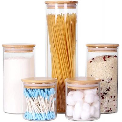 Glass Kitchen Containers with Bamboo Lids, Set of 5 Glass Jars with Airtight Wood Lids