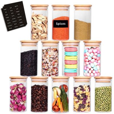 Glass Jars Set of 12,Upgrade Spice Jars Glass with Wood Airtight Lids and Labels