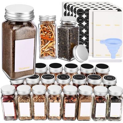 Glass Spice Jars 4 oz Empty Seasoning Bottles Containers with Pre-printed Labels and Blank Label, Shaker Lids, Airtight Silver Caps and Silicone Collapsible Funnel