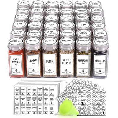 Glass Spice Jars with White Spice Labels, Chalk Marker and Funnel Complete Set