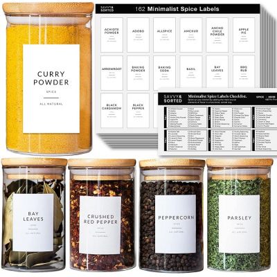 Spice Jar Labels - Preprinted Spice Stickers - Black Text on White Waterproof Label - Fits Round Bamboo Jars or Rectangular Spice Jars