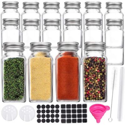 6 oz Glass Spice & Salts Jars Bottles, Clear Square Glass Seasoning Jars With Aluminum Silver Metal Caps and Pour/Sift Shaker Lid