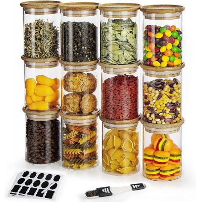 12 Pack Glass Jars Set（8oz）,Clear Spice Jars with Bamboo Lids and Labels