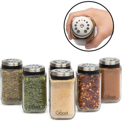 Glass Spice Jars- Set of 12 Premium Seasoning Shaker Rub Container Tins with 6 Pouring Sizes