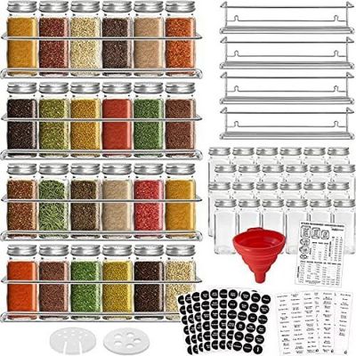 4 Spice Racks with 24 Glass Spice Jar and 2 Types of Printed Spice Labels by Talented Kitchen Complete Set 4 Wall Mount Stainless Steel Racks 24 Square Empty Glass Jars 4oz, Chalkboard and Clear Label