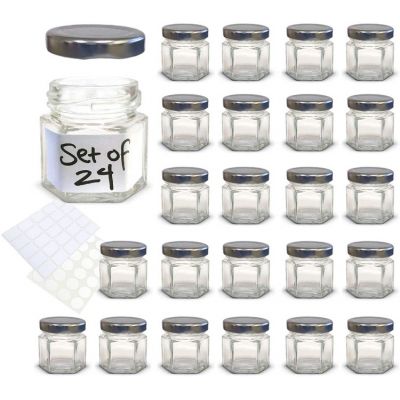 Clear Glass Jars 1.5 oz Hexagon Mini Glass Jars with Silver Lids and Labels