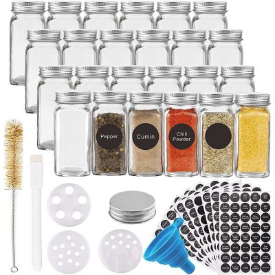 Glass Spice Jars with Labels, 4-Oz Spice Containers/Bottles with Metal Caps