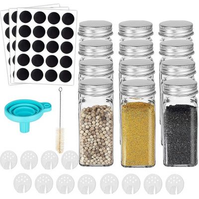 Glass Spice Jars with Labels,4oz Empty Square Spice Bottles condiment containers with Shaker Lids, Airtight Metal Caps and Silicone Collapsible Funnel