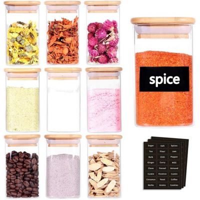 Glass Spice Jars - 8oz Empty Square Spice Storage Containers With Bamboo Airtight Lid and Labels