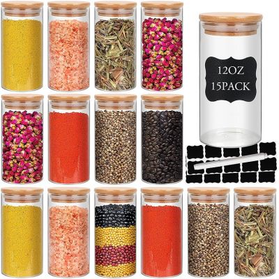 Glass Spice Jar Food Storage Containers Jars with Airtight Bamboo Lid