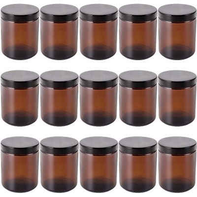 8 ounce Round Glass Jars with Black Plastic Airtight Lids and White Inner Liners, Empty Candle Jar, Food Storage Containers for Spice, Round Cosmetic Containers for Lotion Cream, Amber