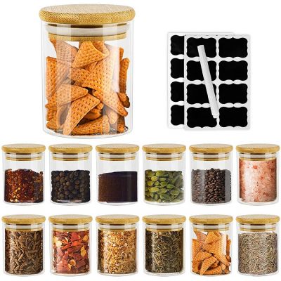 Kitchen Glass Canisters Spice Set, 6oz Clear Glass Food Storage Jars Containers with Airtight Bamboo Lid for Candy, Cookie, Rice, Sugar, Flour, Pasta, Nuts,Herbs