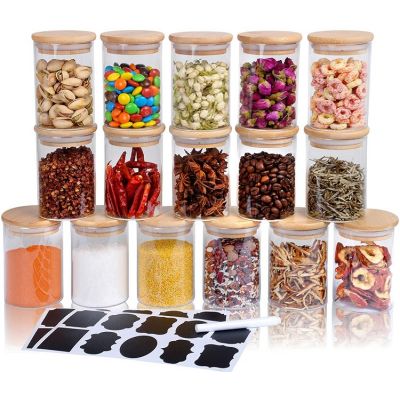 Glass Spice Jar with Bamboo Airtight Lids and Labels, 8.5oz/250ml Small Glass Food Storage Containers