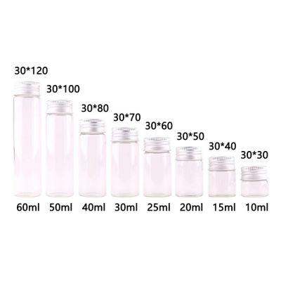 10ml 15ml 20ml 25ml 30ml(1OZ) 40ml 50ml 60ml(2OZ) Transparent Glass Spice Bottles Jars Terrarium with Silver Screw Cap Lid