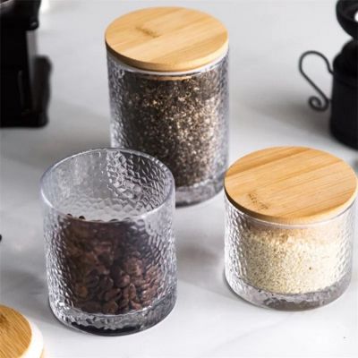 Transparent Glass Storage Jar Carved Flower With Wooden Lid Sugar Crystal Jars Tea Caddy Grain Dispenser Kitchen Supplies
