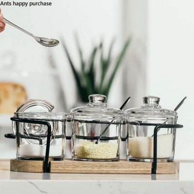Glass Spice Jar Outfit with Stand Seasoning Box Wrought Iron Kitchen Castor Home Salt Shaker Three-piece Suit Spice Container