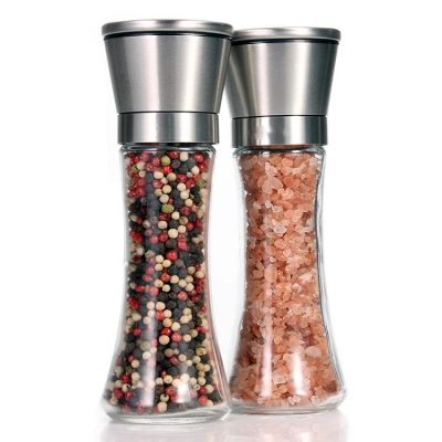 Brushed Stainless Steel Pepper Mill and Salt Mill, 6 Oz Glass Tall Body, 5 Grade Adjustable Ceramic Rotor
