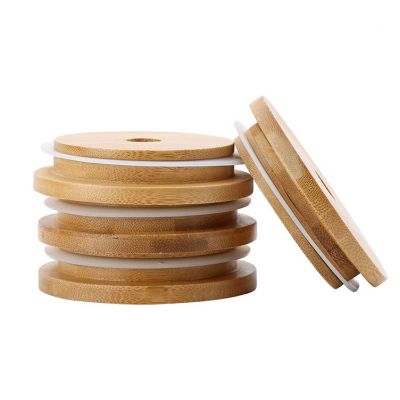 Wholesale 86mm Natural Bamboo Wide Mouth Mason Jar Straw Hole Lids for Boba Smoothies Drinking