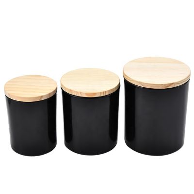 200ml 300ml 440ml bright black scented candle jar glass oil tank Wood cover zinc alloy metal cover