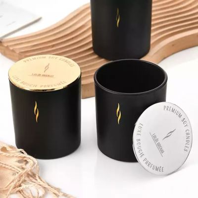 luxury round Frosted black candlesticks oil tin Aromatherapy wax glass candle jar customizedLOGO wooden cover metal lid