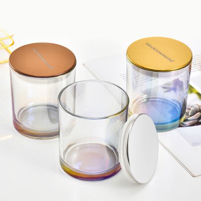 New Creative 11oz Empty Glass Luxury Electroplating Rainbow Candle Jars With Luxury Flat Black Sealed Mirror Lid