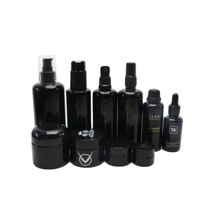 luxury cosmetic packaging 30ml 50ml 100g black uv glass bottle 30g 50g cbd violet glass jar