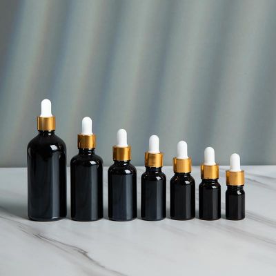 Wholesale luxury essential oil packaging, 5ml 10ml 15ml 30ml 50ml 100ml cosmetic use black CBD serum glass eye dropper bottle