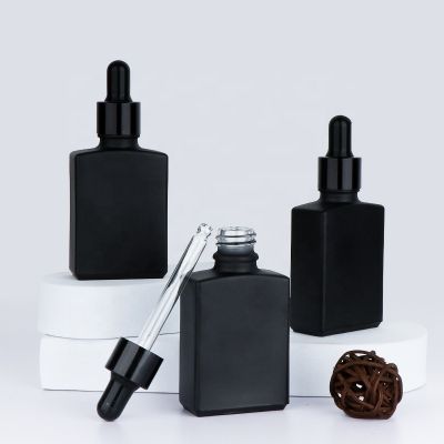 Frosted and matte black square cosmetic bamboo essential CBD oil 30 ml 50 ml 1 oz rectangle glass bottle with dropper